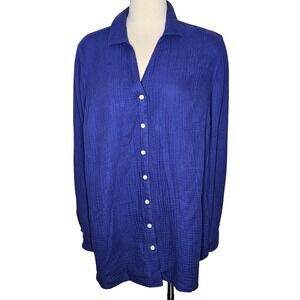J. Jill Royal Blue Crinkle Gauze Cotton Long‎ Sleeve Button Front Shirt Plus 2X